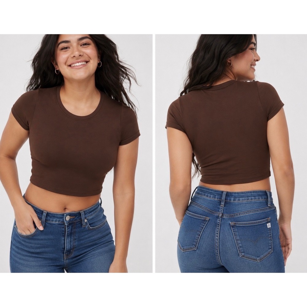 OFFLINE by Aerie Seamless Cropped T-Shirt Brown Short Sleeve Active Top Small